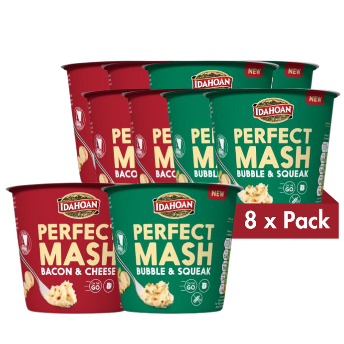 Idahoan Perfect Mash Potatoes Bubble & Squeak Pots and Bacon & Cheese55g Pots Pack of 8