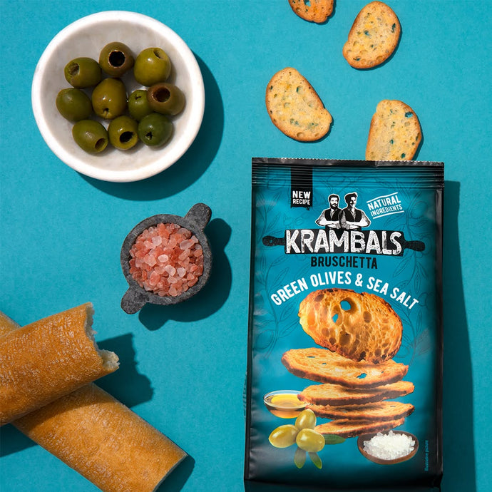 KRAMBALS Bruschetta Green Olives & Sea Salt Crisps 70g - Baked Crisps Bruschetta Bread Snacks Palm Oil Free Cheese Snack Box