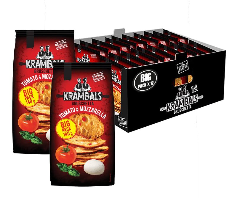 Load image into Gallery viewer, KRAMBALS Bruschetta Tomato &amp; Mozzarella Crisps 140g - Baked Crisps Bruschetta Bread Snacks Palm Oil Free Cheese Snack Box
