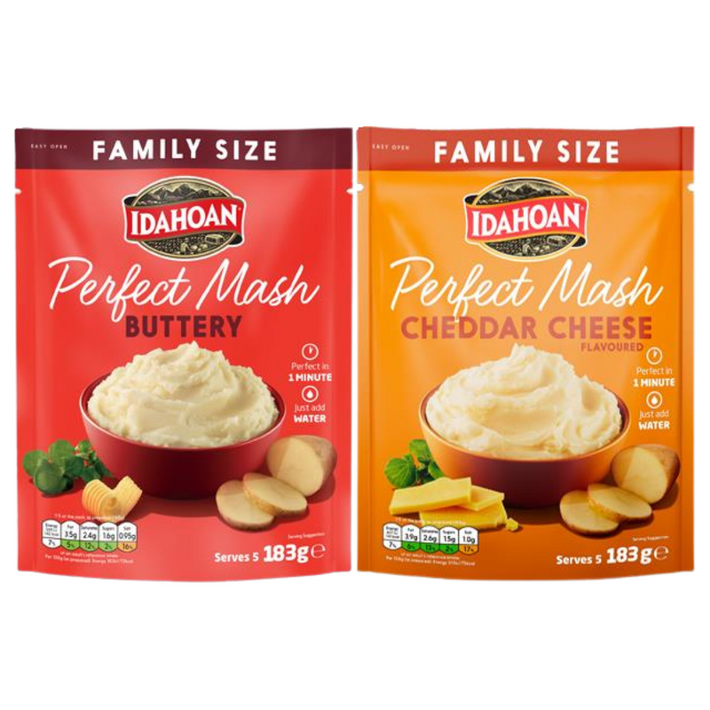 Load image into Gallery viewer, Idahoan Perfect Mash Potatoes Buttery &amp; Cheddar 183g Sachets FAMILY size x 2
