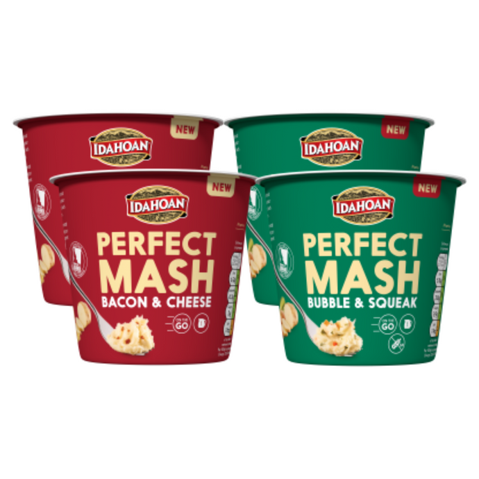 Idahoan Perfect Mash Potatoes Bubble & Squeak Pots and Bacon & Cheese55g Pots Pack of 4