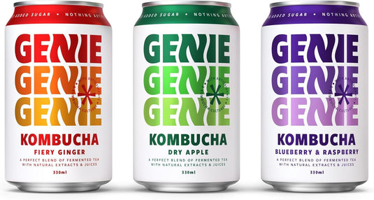 GENIE Kombucha Mixed Pack – Blueberry & Raspberry, Fiery Ginger, and Dry Apple