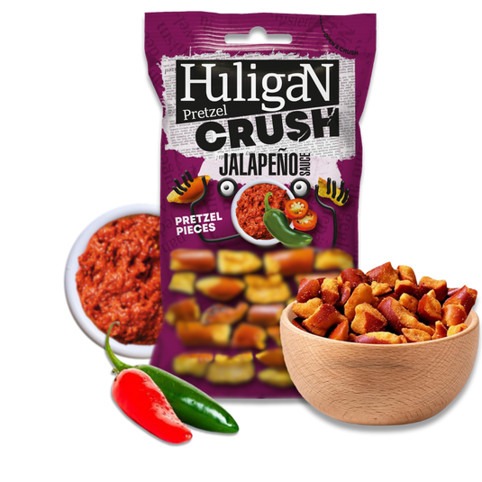 Huligan Pretzels Crush Jalepenos 65G - Baked Pretzel Thins Savoury Snacks Bulk Healthy Vegetarian Snack Box