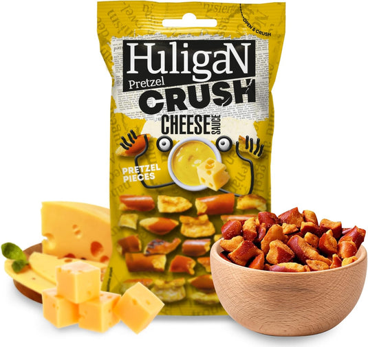 Huligan Pretzels Crush Cheese Sauce 65G - Baked Pretzel Thins Savoury Snacks Bulk Healthy Vegetarian Snack Box