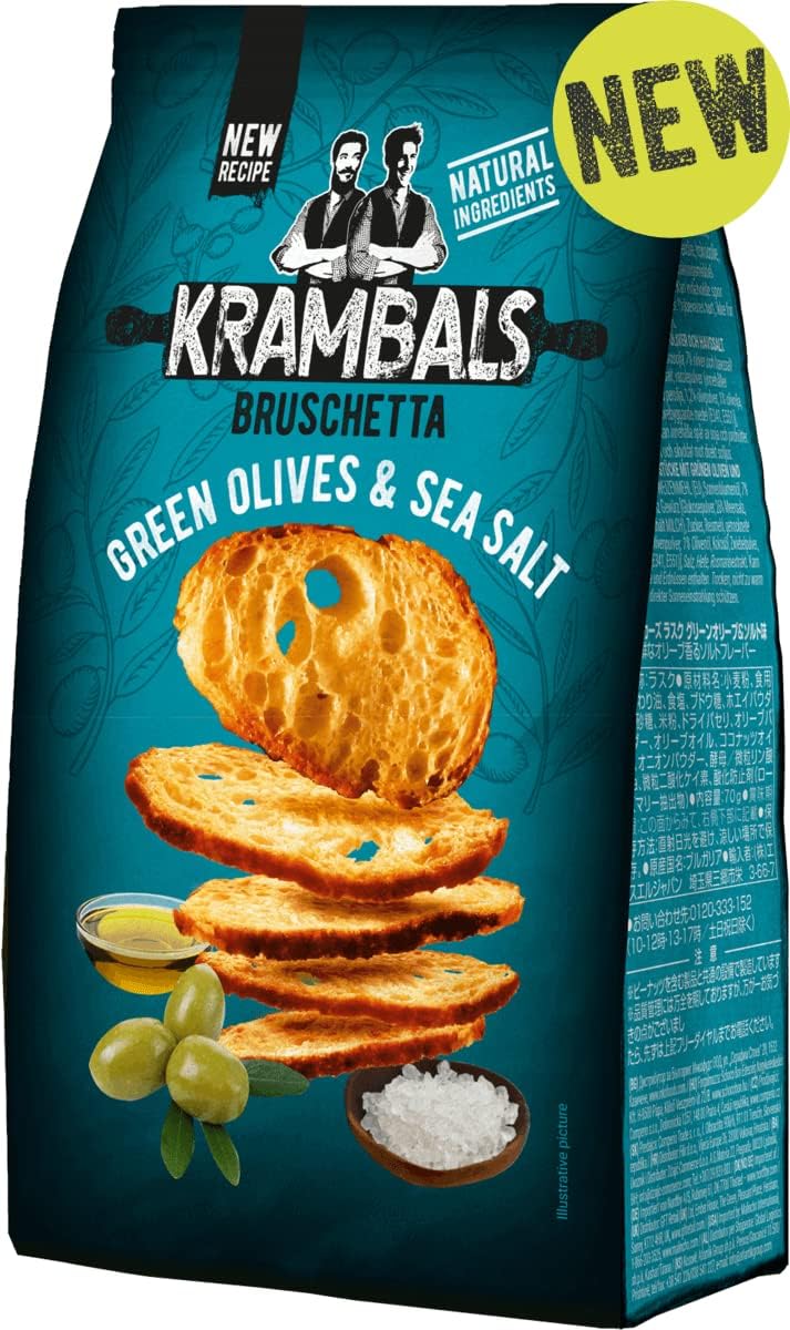 Load image into Gallery viewer, KRAMBALS Bruschetta Green Olives &amp; Sea Salt Crisps 70g - Baked Crisps Bruschetta Bread Snacks Palm Oil Free Cheese Snack Box
