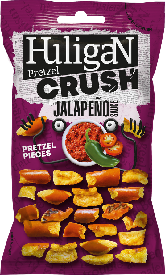 Huligan Pretzels Crush Jalepenos 65G - Baked Pretzel Thins Savoury Snacks Bulk Healthy Vegetarian Snack Box