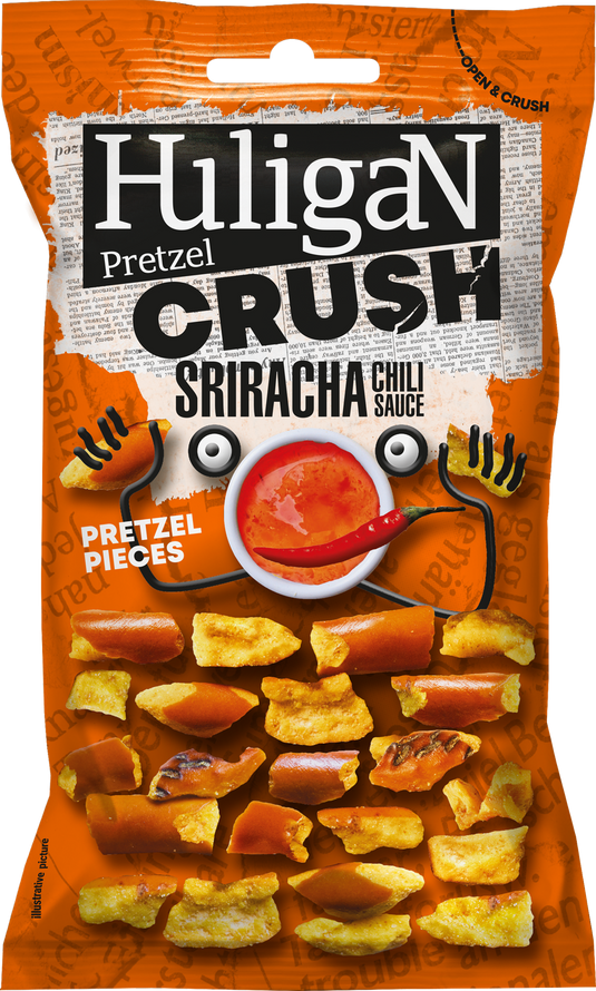 Huligan Pretzels Crush Sriracha Sauce 65G - Baked Pretzel Thins Savoury Snacks Bulk Healthy Vegetarian Snack Box